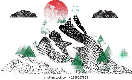 Mountain silhouettes with sun and trees, textured with halftone dots textures. Peaks in sunset. Transparent background .Overlay texture . Fog over mountain landscape . Summit and sunset logo .Vector 