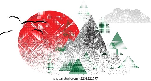 Mountain silhouettes with sun and trees, textured with halftone dots textures. Peaks in sunset. Transparent background .Overlay texture . Fog over mountain landscape . Summit and sunset logo .Vector 