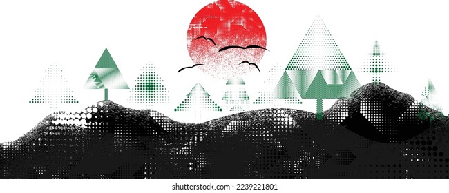 Mountain silhouettes with sun and trees, textured with halftone dots textures. Peaks in sunset. Transparent background .Overlay texture . Fog over mountain landscape . Summit and sunset logo .Vector 