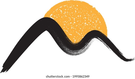 Mountain silhouettes with sun.Letter m.  Rocky peaks in sunset.  Splatter Paint Texture . Distress Grunge background .Abstract vector.