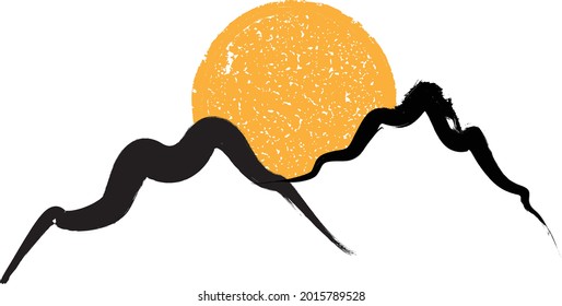 Mountain silhouettes with sun.Letter m.  Rocky peaks in sunset.  Splatter Paint Texture . Distress Grunge background . Scratch, Grain, Noise rectangle stamp . Black Spray Blot of Ink..abstract vector.