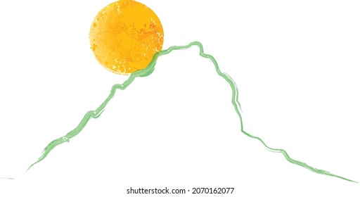 Mountain silhouettes with sun.Letter m.  Rocky peaks in sunset.  Splatter Paint Texture . Distress Grunge background . Scratch, Grain, Noise rectangle stamp . Watercolor.abstract vector.