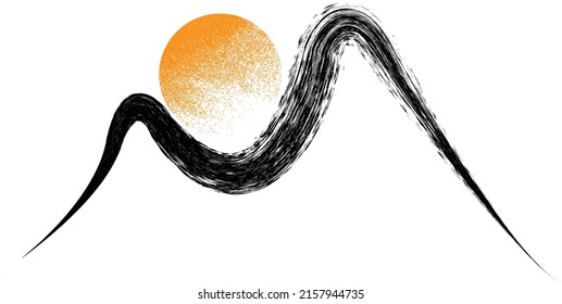 Mountain silhouettes with sun.Letter m.  Rocky peaks in sunset.  Splatter Paint Texture . Distress Grunge background . Scratch, Grain, Noise rectangle stamp . Black Spray Blot of Ink..abstract vector.