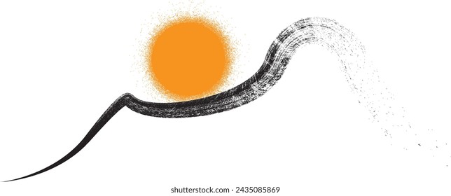 Mountain silhouettes with sun.Letter m.  Rocky peaks in sunset.  Splatter Paint Texture . Distress Grunge background . Scratch, Grain, Noise  Black Spray Blot of Ink..abstract vector.