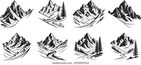 Mountain Silhouettes vector icon set with white background
