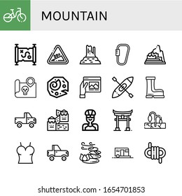 mountain simple icons set. Contains such icons as Bicycle, Treasure map, Hill, Valley rocks, Carabiner, Machu picchu, Fossil, Travel, Kayak, can be used for web, mobile and logo