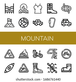mountain simple icons set. Contains such icons as Top, Valley rocks, Wildfire, Geology, Off road, Boots, Carabiner, Rope, Falling rocks, Kayak, can be used for web, mobile and logo