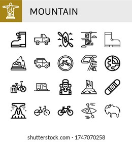 mountain simple icons set. Contains such Icons as Boots, Kayak, Zipline, Boot,  Bikes, Bike, Geology, can be used for web, mobile, and logo