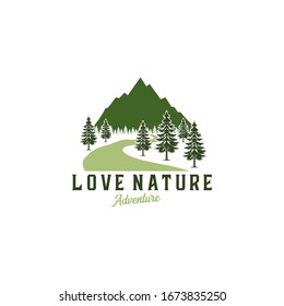 Mountain simple illustration with letter Love Nature Adventure.