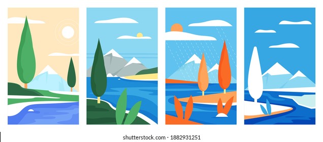Mountain simple nature landscape vector illustration set. Minimalist natural seasonal vertical banners collection, summer winter spring autumn mountainous landscape with river, plants and trees