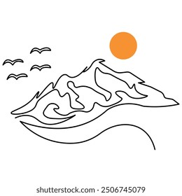 Mountain single line art, continuous one line drawing of  Isolated outline vector art