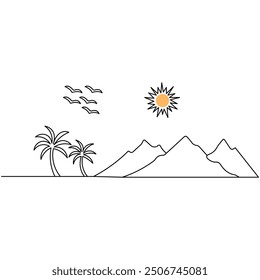 Mountain single line art, continuous one line drawing of  Isolated outline vector art