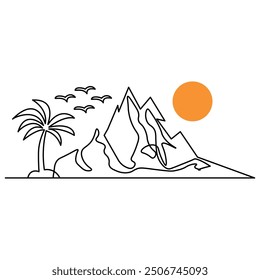 Mountain single line art, continuous one line drawing of  Isolated outline vector art