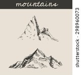 Mountain sketch hand drawing, in engraving etching style, for extreme climbing sport, adventure travel  and  tourism design