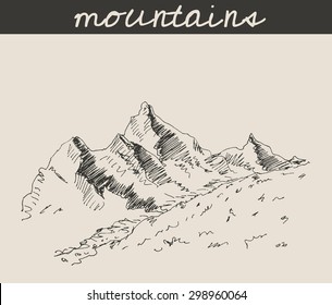Mountain sketch hand drawing, in engraving etching style, for extreme sport, adventure travel  and  tourism design