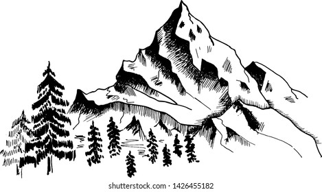 Mountain sketch. Hand drawn black mountains and forest, isolated on white. Vector illustration.