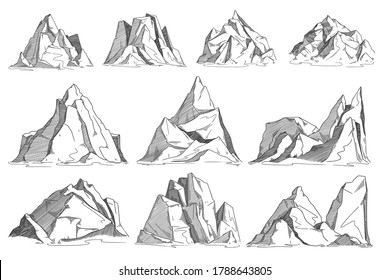 Mountain sketch. Hand drawn rocky peak sketch. Vector cliff set isolated on white background. Highland range landscape collection. Hand drawn mountain ridge contour illustration in engraved style