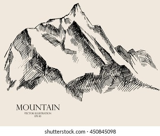 Mountain sketch, hand drawn vector illustration, contours of the mountains engraving style