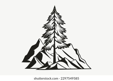 Mountain sketch, Outline Style black and white mountains and tree vector, Mountain tree icon illustration, mountain logo
