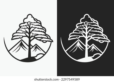 Mountain sketch, Outline Style black and white mountains and tree vector, Mountain tree icon illustration, mountain logo