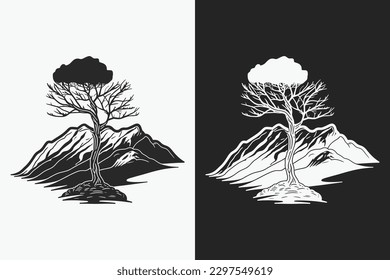 Mountain sketch, Outline Style black and white mountains and tree vector, Mountain tree icon illustration, mountain logo
