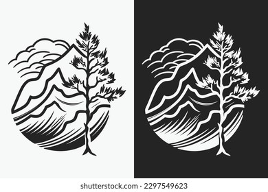 Mountain sketch, Outline Style black and white mountains and tree vector, Mountain tree icon illustration, mountain logo