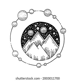 Mountain sketch. Universe space hand drawn tattoo. Arctic snow mountains illustration. Vector outline logo. Circle universe drawing. Line art. Vintage antarctic icon. Bohemian iceberg tattoo