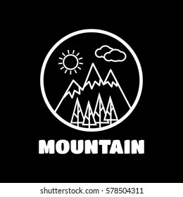 Mountain sketch vector logo set in retro style. Vintage trendy lines mountains