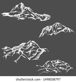 Mountain sketches vector set, hand drawn mountains pencil sketch.