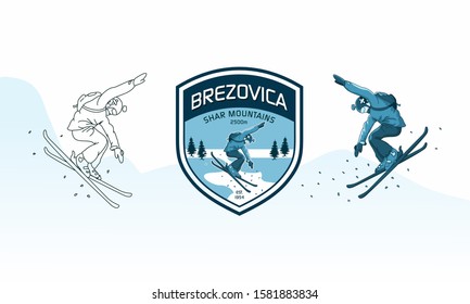 Mountain ski club patch. Vector. Concept for badge, print, stamp or tee. Vintage design of skier and mountain silhouette. Outdoors adventure emblems.