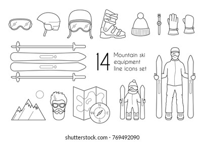 Mountain ski equipment line icons set isolated on white background. Vector winter sport illustration