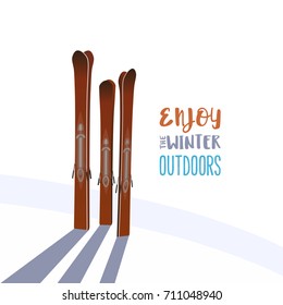 Mountain ski icon. Winter sports equipment. Vector cartoon retro style isolated. Seasonal motivation quote Enjoy winter outdoors. Design idea for advertisement of active lifestyle banner background