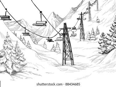 Mountain Ski Lift Sketch