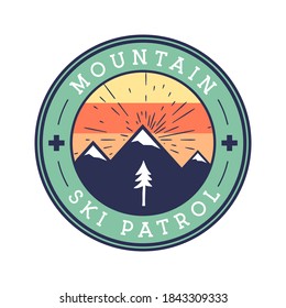 Mountain ski patrol logo, retro snowboard adventure emblem design with mountains and tree. Unusual vintage art retro style sticker. Stock vector badge art