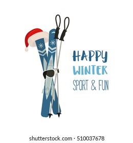 Mountain ski pole Santa Claus hat icon. Vector cartoon winter symbol isolated. Season greeting card with happy skiing sport and fun. Design idea for advertisement of active lifestyle banner background
