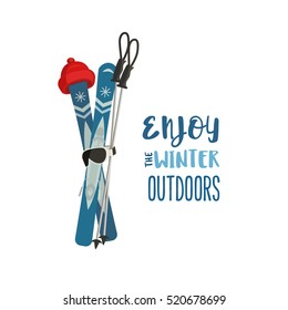 Mountain ski poles, sport hat icon. Vector cartoon winter symbol isolated. Season motivation quote Enjoy holiday vacation outdoors. Design idea for advertisement of active lifestyle banner background