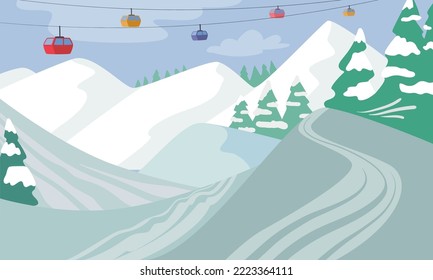 Estación de Esquí de Montaña, Alpes Paisaje Invierno con Ropeway, Picos de Roca Snowy, Spruces, Cable Car, Funicular. Fondo natural, lugar para practicar esquí extremo o deportes de patinaje. Ilustración del vector de dibujos animados