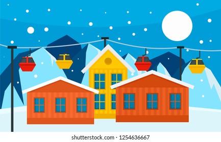 Mountain ski resort banner. Flat illustration of mountain ski resort vector banner for web design