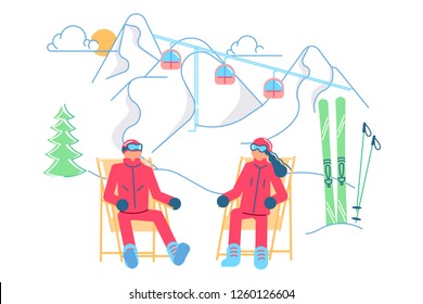 Mountain Ski Resort concept. Male and female Skiers on a lounger relaxes on a winter Mountain Landscape background. Vector illustration eps 10
