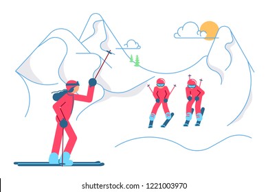 Mountain Ski Resort concept. School Skiers on winter Mountain Landscape background. Vector illustration eps 10