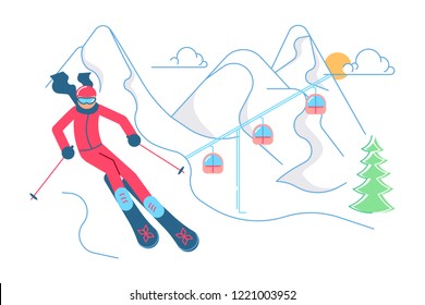 Mountain Ski Resort concept. Skier on winter Mountain Landscape background. Vector illustration eps 10