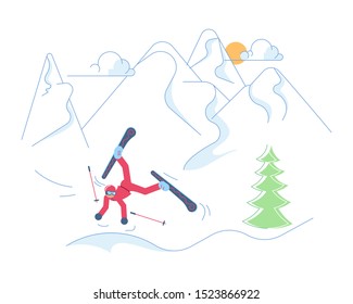 Mountain Ski Resort concept. Skier falls from the mountain to snow on winter Mountain Landscape background. Flat Art Vector illustration