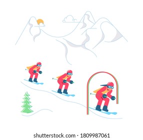 Mountain Ski Resort concept. Skiers in Ski park on winter Mountain Landscape background. Flat Art Vector Illustration