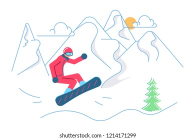 Mountain Ski Resort concept. Snowboarder on winter Mountain Landscape background. Vector illustration eps 10