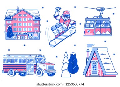 Mountain ski resort elements. Snowboarder, funicular cable car, chalet, skibus shuttle, park hotel and snowy trees. Winter sport activities, skiing vacation icons with lodging and transportation.
