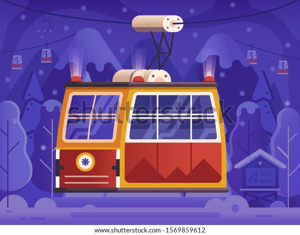 Mountain ski resort landscape with cable\
way on snowy forest background. Red cable car in flat design.\
Electric ski lift or gondola concept scene in gradient style.\
Winter funicular\
illustration.