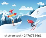Mountain ski resort landscape. Winter web banner design. Sport on vacations or winter activity. Sports descent on skis in mountains hills. Vector cartoon illustration