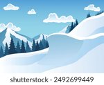 Mountain ski resort landscape. Winter web banner design. Sport on vacations or winter activity. Vector cartoon illustration