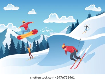 Mountain ski resort landscape. Winter web banner design. Sport on vacations or winter activity. Sports descent on skis in mountains hills. Vector cartoon illustration