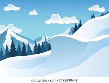 Mountain ski resort landscape. Winter web banner design. Sport on vacations or winter activity. Vector cartoon illustration